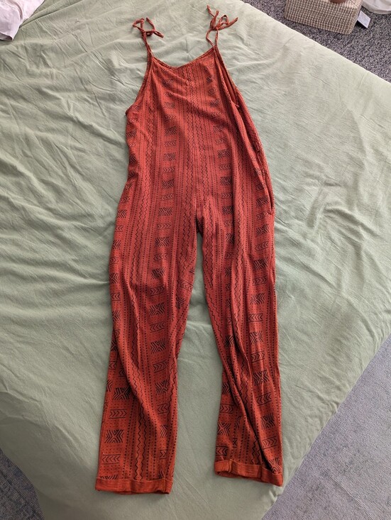 Known Supply Pants - Rust Red Patterned Tie-Strap Jumpsuit